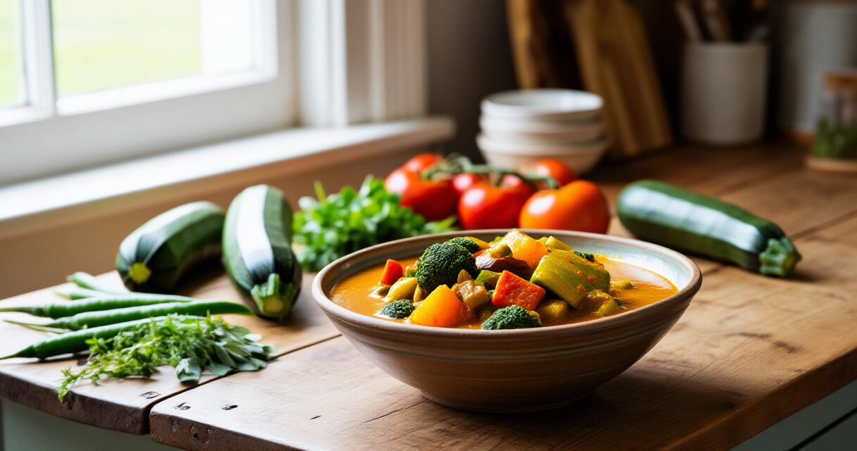 Värikäs kasviscurry kulhossa keittiöpöydällä kesäisten kasvisten ympäröimänä