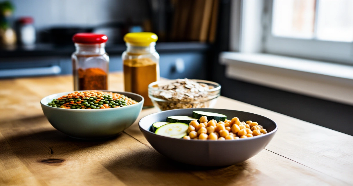 Edullisia proteiinipitoisia kasvisraaka-aineita: linssit, kikherneet, kaura ja kesäkurpitsa